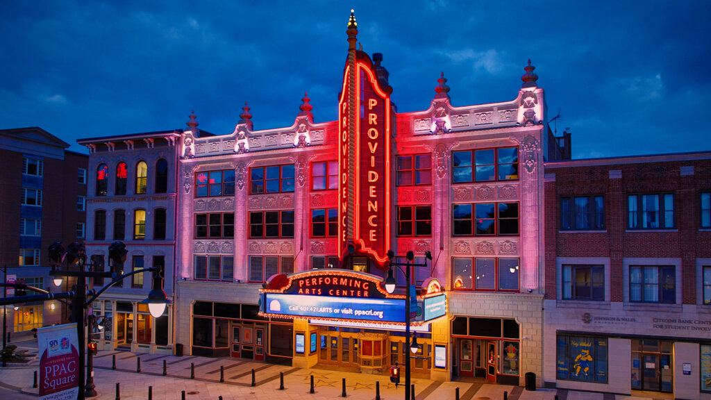 The Providence Performing Arts Center street view at dusk